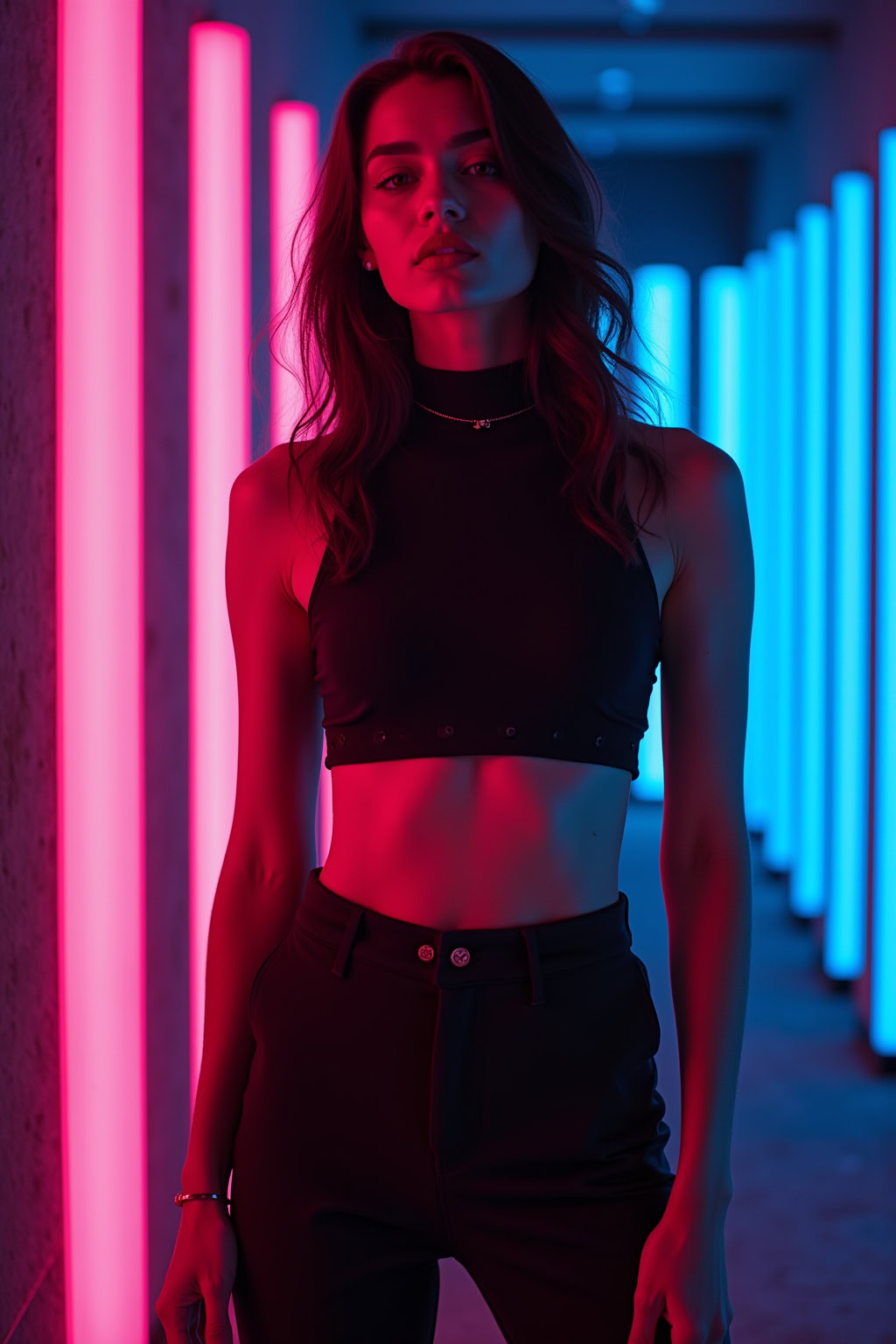 Eine junge Frau vor bunten Neonlichtern, urbanes Nachtleben, Mode und Stil, attraktiv und modern.