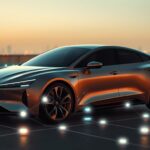 Vollautomatischer Elektro-Sportwagen in urbaner Skyline bei Sonnenuntergang.