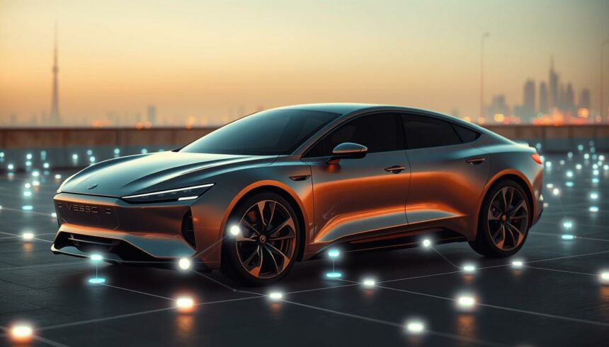 Vollautomatischer Elektro-Sportwagen in urbaner Skyline bei Sonnenuntergang.