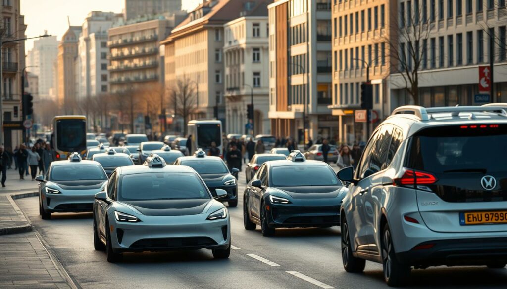Tesla-fahrzeuge auf einer belebten Stadtstraße.