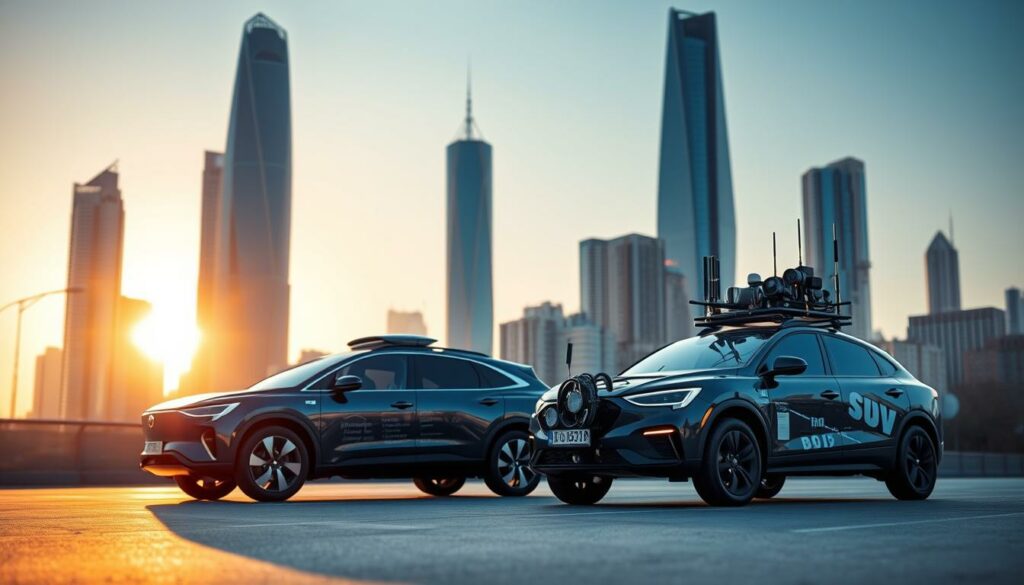 Tesla Model 3 und Tesla Model Y im Stadtverkehr mit moderner Bildausrüstung, futuristische Fahrzeuge, innovative Elektromobilität, Sightseeing in der Stadt.