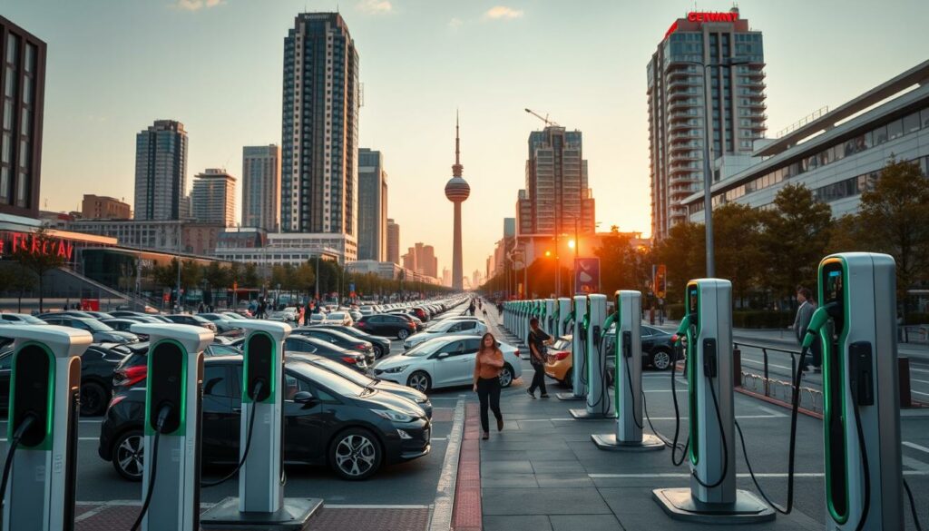 A bustling urban landscape with a focus on electric vehicle charging infrastructure. In the foreground, an array of modern, sleek charging stations in various designs and sizes, some with multiple ports accommodating different EV models. The middle ground features a mix of cars, both electric and traditional, parked and actively charging, with pedestrians navigating the scene. The background showcases a blend of high-rise buildings, street lamps, and other urban elements, creating a sense of a thriving, forward-thinking city. The lighting is a combination of natural daylight and warm, inviting artificial illumination, casting subtle shadows and highlighting the technological advancements of the charging network. The overall atmosphere conveys a sense of progress and environmental consciousness in the heart of Germany's evolving transportation landscape.