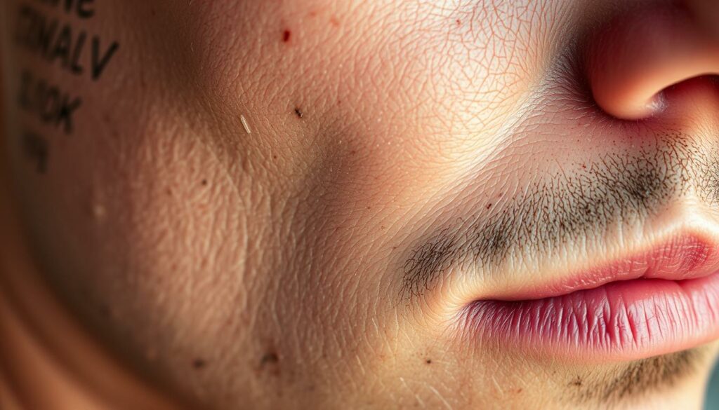 Naturales Gesicht, Nahaufnahme von Lippen, Nase und Barthaaren, Detail, süsse Hauttextur.