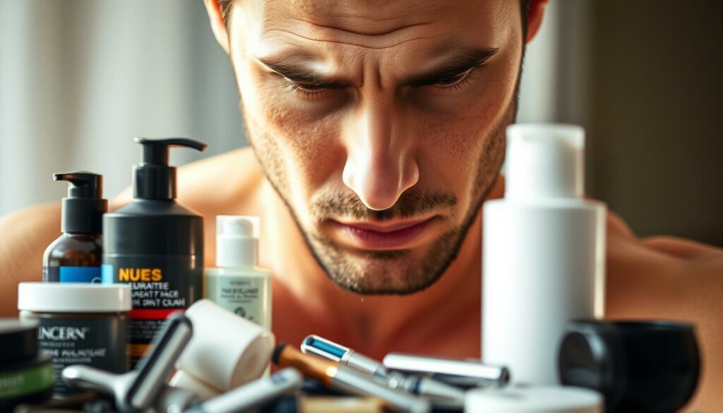 A closeup view of a man's face and upper body, illuminated by soft, natural lighting. In the foreground, a collection of common grooming products like face creams, razors, and cleansers are scattered haphazardly, suggesting mistakes in a typical men's skincare routine. The middle ground depicts the man's expression, brow furrowed in concentration or frustration, as he examines the products. The background is blurred, placing the focus on the man's thoughtful introspection. The overall mood is one of contemplation, highlighting the importance of establishing an effective, personalized men's skincare regimen.