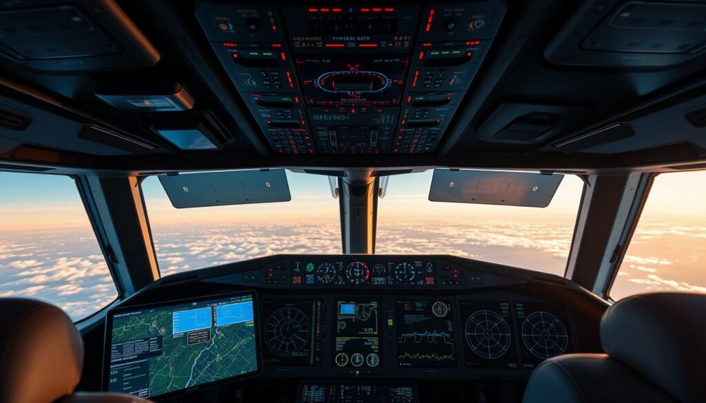 A complex network of AI-powered flight safety systems, with advanced sensors and control interfaces seamlessly integrated into a modern cockpit environment. In the foreground, a sleek and intuitive digital dashboard displays real-time flight data, weather conditions, and aircraft performance metrics. The middle ground features sophisticated autopilot and collision avoidance algorithms, continuously analyzing flight paths and anticipating potential hazards. In the background, a panoramic view of the sky and distant landscapes, captured through high-resolution cameras and enhanced by computer vision techniques. The overall scene conveys a sense of technological sophistication, enhanced situational awareness, and a commitment to ensuring the safety and reliability of air travel.