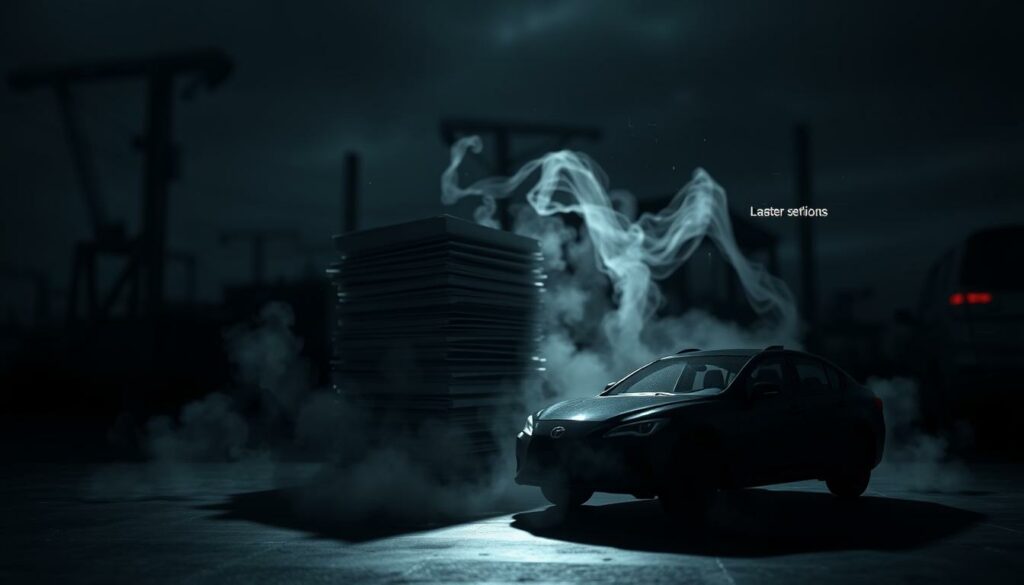 Scherzhaftes foto eines dunklen autos und rauch bei nacht.