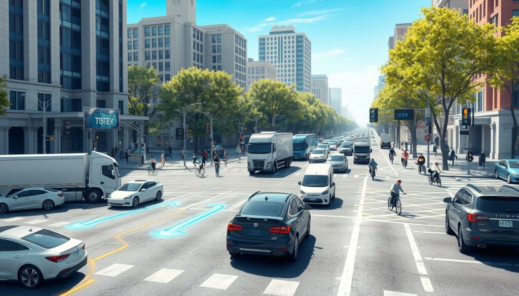 Auto- und Fahrradverkehr in Innenstadt mit Hochhäusern, moderne Stadtlandschaft, blauer Himmel, urbane Mobilität.