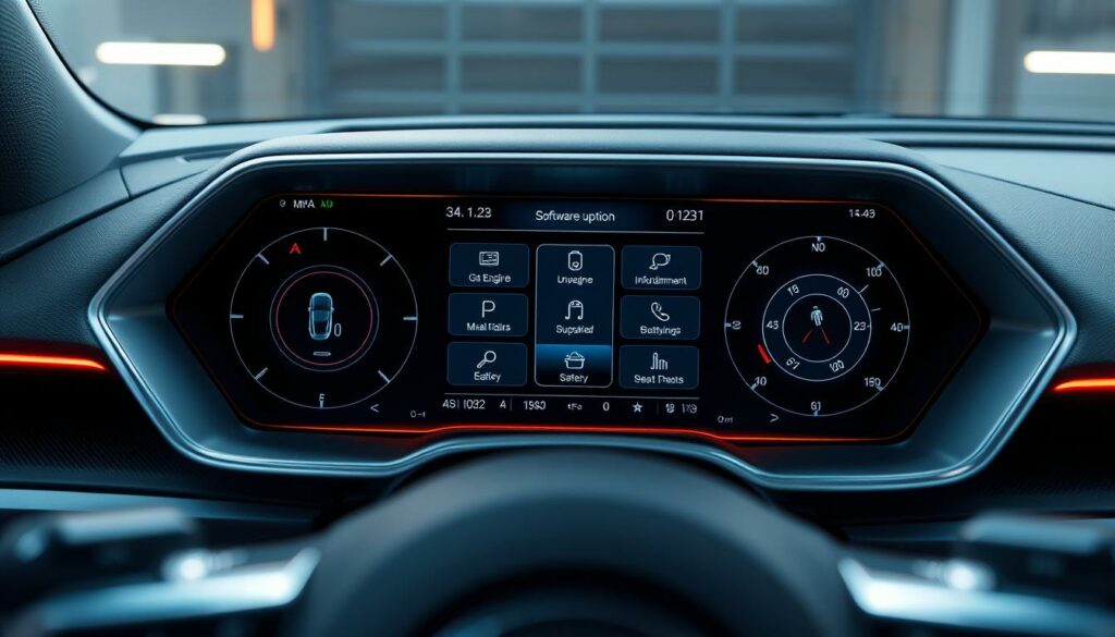 Modernes Auto-Infotainment-Display mit digitalen Instrumenten und Steueroptionen.