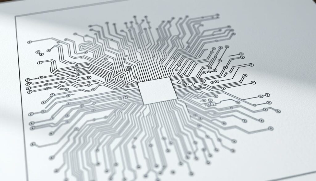 A detailed schematic diagram of an integrated electronic circuit, featuring intricate interconnected components, traces, and vias. The circuit board is rendered in a minimalist, technical style with a focus on precision and function over aesthetics. The design is illuminated by soft, directional lighting, casting subtle shadows that highlight the depth and complexity of the circuitry. The perspective is slightly elevated, providing a clear, comprehensive view of the overall layout and architecture. The mood is one of innovation, engineering, and the advancement of technological integration, reflecting the subject and section title.