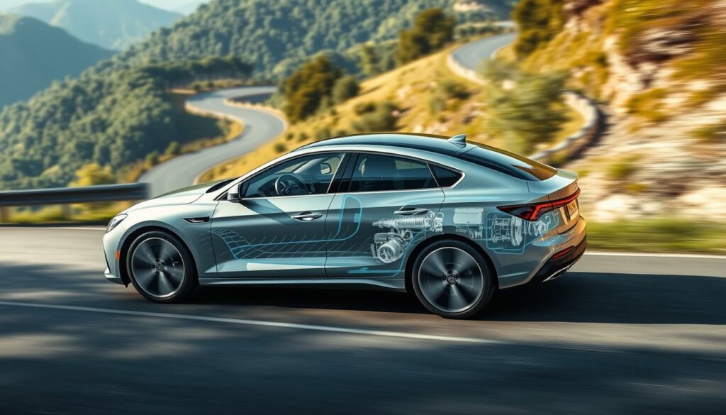 A detailed, technical illustration of the ideal hybrid vehicle driving profile, showcasing the seamless integration of electric and internal combustion power sources. The scene depicts a winding mountain road with lush, verdant landscapes in the background. The hybrid car, rendered in sleek, modern design, navigates the curving path, its powertrain dynamics visualized through a transparent overlay. The lighting is natural, with soft, directional sunlight casting subtle shadows and highlights across the vehicle's surfaces. The camera angle is slightly elevated, providing a comprehensive view of the hybrid's efficient performance and the picturesque surroundings, conveying the harmony between technology and nature.