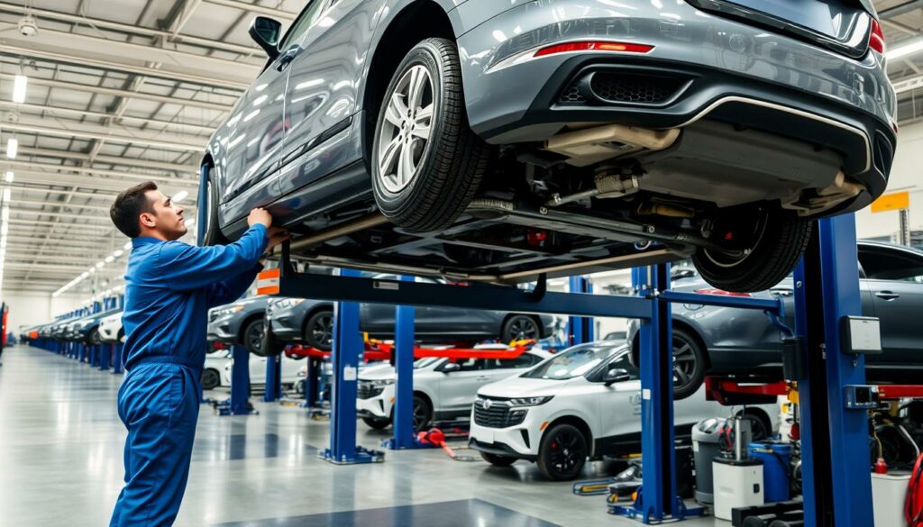 A detailed vehicle inspection in a well-equipped automotive workshop. In the foreground, a mechanic in a blue jumpsuit carefully examines the undercarriage of a sedan, using specialized tools and equipment. The middle ground reveals rows of cars on hydraulic lifts, undergoing comprehensive diagnostics and assessments. The background showcases the workshop's high ceilings, bright overhead lighting, and an array of advanced machinery, conveying a sense of professionalism and technical expertise. The scene exudes an atmosphere of diligence and thoroughness, capturing the comprehensive nature of the vehicle inspection process.