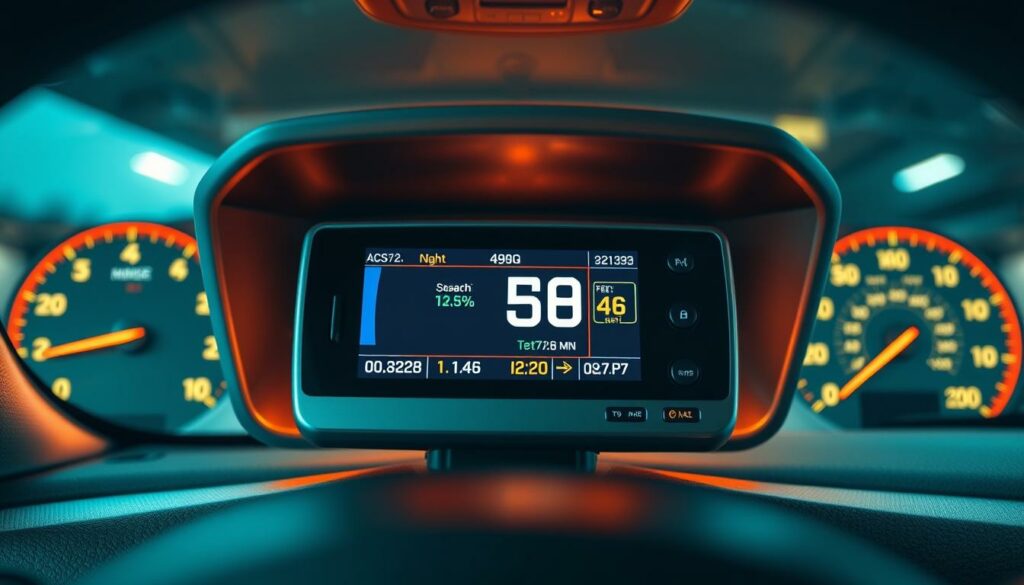 Moderne Fahrzeugdrohnensystem mit digitalen Instrumenten und Geschwindigkeitsanzeige im Auto.