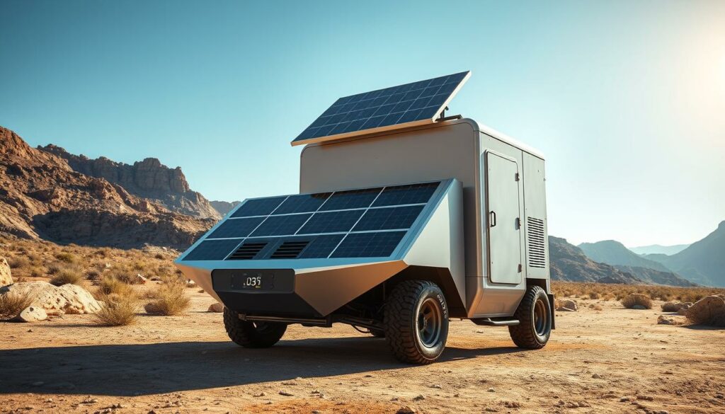 A fully autonomous mobile power station, standing tall in a rugged, off-grid landscape. Sunlight glints off its sleek, aerodynamic chassis, as the unit's advanced solar panels track the movement of the sun. In the foreground, a display shows the current charge level and estimated runtime, while discreet vents and cooling systems ensure efficient operation. The unit's compact, modular design allows for easy transportation and deployment, ready to provide sustainable, self-sufficient power wherever it's needed most. A testament to the progress of autarkic vehicle technology, this resilient mobile solution embodies the promise of energy independence.