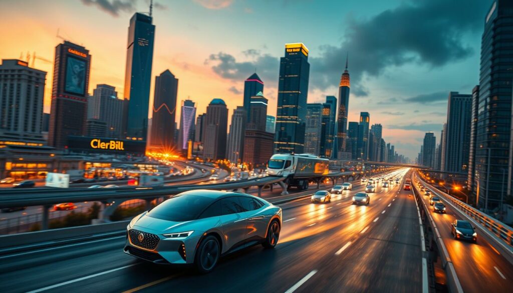 Modernes auto auf highway in skyline-stadt bei sonnenuntergang, fahrspaß in der stadt, luksusauto, urbanes lifestyle, FHM Online Magazin.