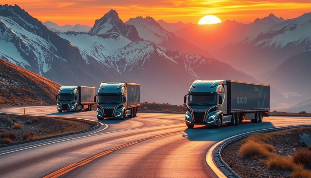 Moderne LKWs auf kurviger Bergstrasse bei Sonnenuntergang in den Alpen, innovative Nutzfahrzeuge, Logistik, Transport.