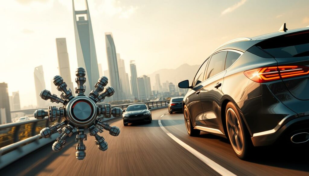 A futuristic urban landscape, with sleek autonomous vehicles gliding along winding roads. In the foreground, a cluster of advanced sensors adorning the vehicle's exterior, their intricate designs hinting at the sophisticated technology within. In the middle ground, towering skyscrapers and futuristic architecture reflect a city embracing the technological revolution. The background is bathed in a warm, golden glow, suggesting a harmonious integration of man and machine. The scene conveys a sense of progress, efficiency, and the seamless integration of cutting-edge automotive sensor technology into the fabric of the modern world.