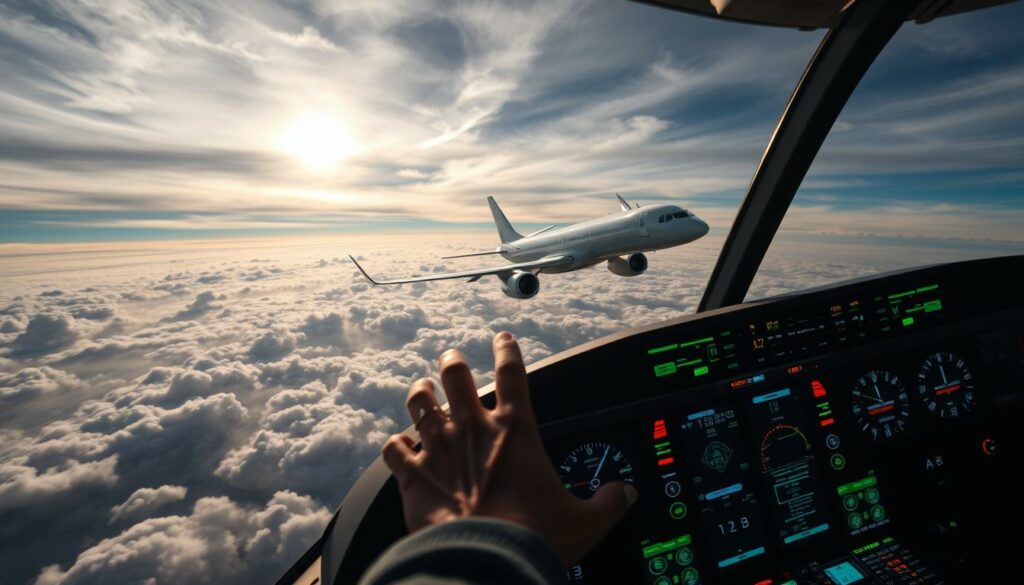 Flugzeug am Himmel über Wolken, Cockpit mit Pilot, modernste Flugzeugtechnik, atemberaubende Aussicht, Flug erleben.