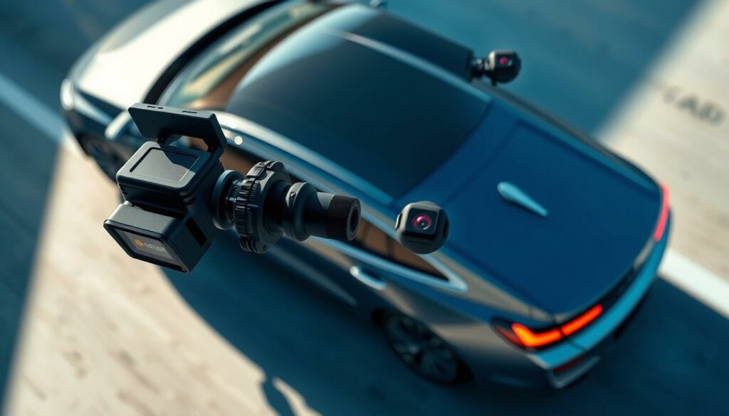 Droneaufnahme eines Autos mit Kameras auf der Autobahn, Technik und Automobiltrends.