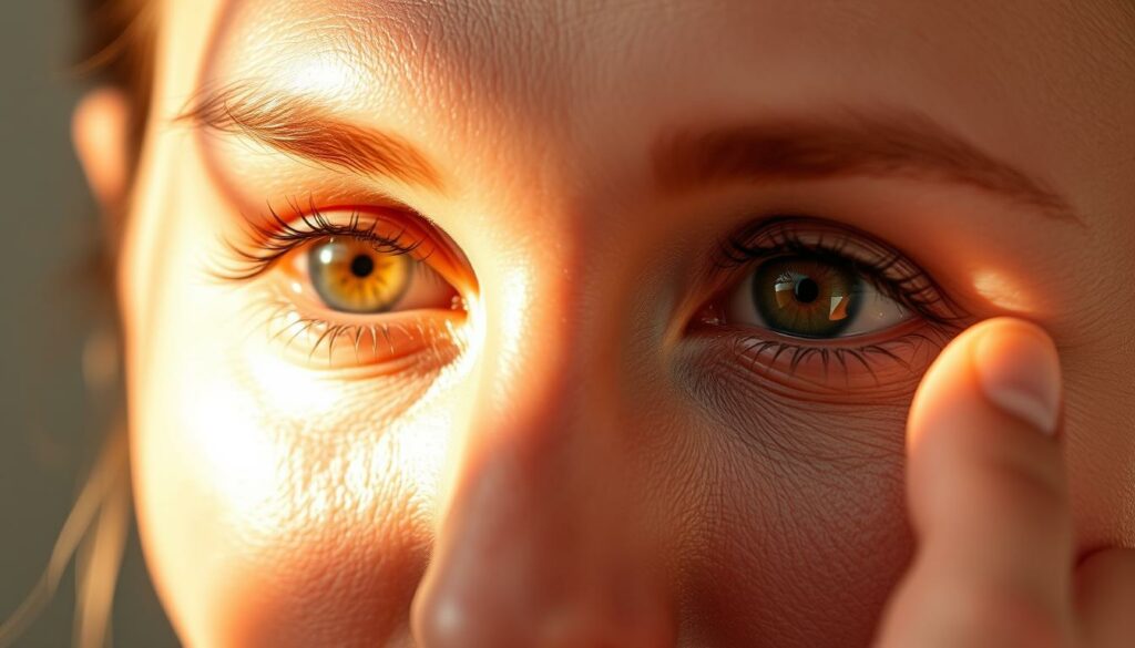 A high-resolution, detailed close-up photograph of a woman's eyes and the surrounding delicate skin area. The skin appears luminous, smooth, and youthful, with no visible signs of aging or fatigue. The lighting is soft and diffused, casting a warm, glowing radiance on the eyes and creating subtle shadows that accentuate the natural contours of the face. The depth of field is shallow, keeping the eyes in sharp focus while gently blurring the background. The overall mood is serene, calming, and luxurious, conveying a sense of indulgent, specialized skincare.