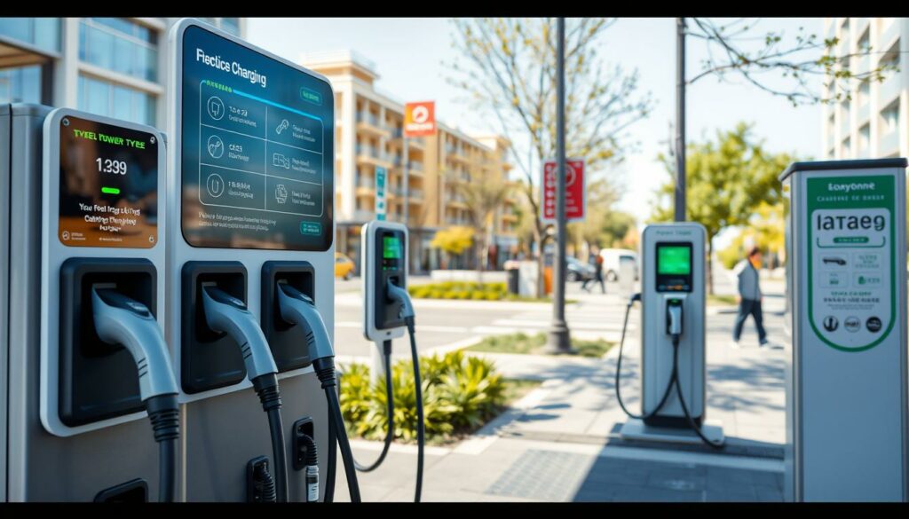 A high-resolution, hyper-realistic image of a modern electric vehicle charging station. The foreground features several charging ports with various connectors, including Type 2, CCS, and CHAdeMO. In the middle ground, informative signs and displays provide details about the charging infrastructure, including available power levels, pricing, and usage instructions. The background shows a clean, well-lit urban setting with buildings, trees, and pedestrians, conveying a sense of sustainability and accessibility. The lighting is bright and natural, creating crisp shadows and highlights that accentuate the technical details of the charging station. The overall scene exudes a sense of innovation, progress, and environmental consciousness.