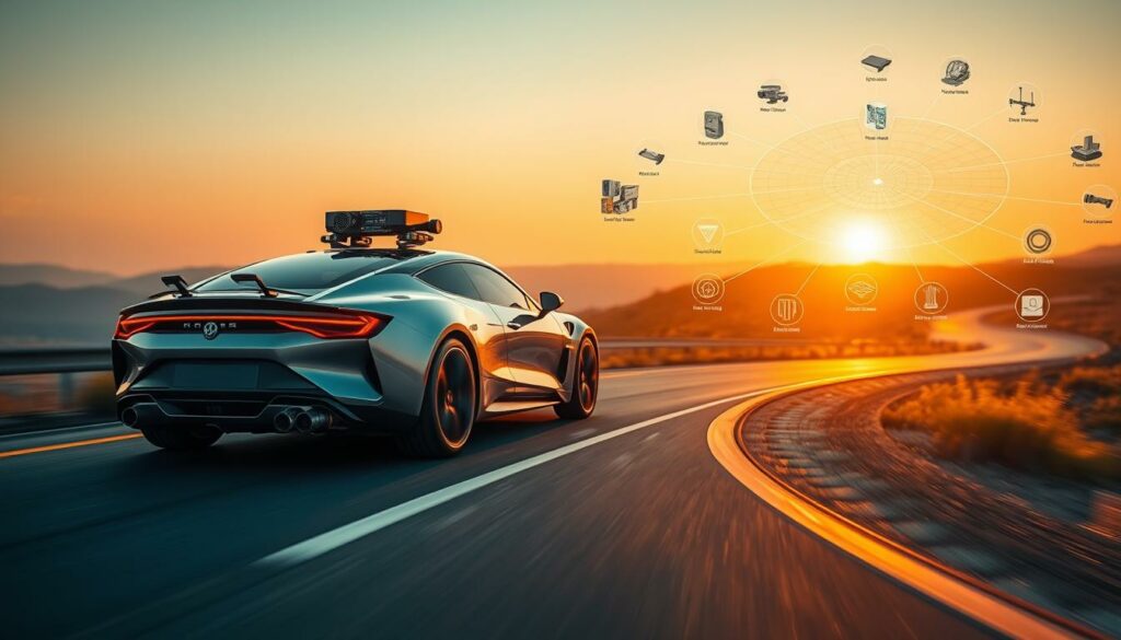 Smartes fahrzeug mit autonomer technik bei sonnenuntergang auf kurviger straße, technologische innovationen, fahrassistenzsysteme, zukunft der mobilität, vernetzte fahrzeuge.