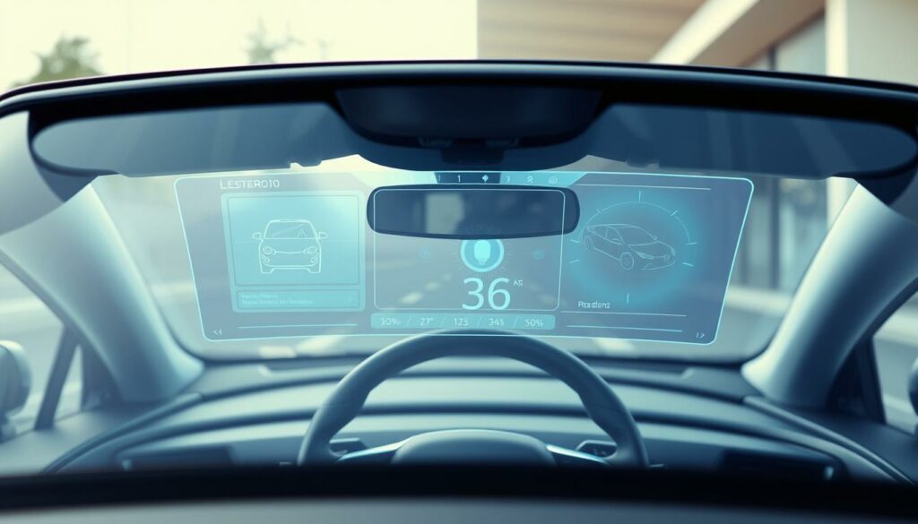 Futuristisches Auto-Head-Up-Display mit Digitalanzeigen und Fahrzeuginformationen, Hightech-Innenraum.