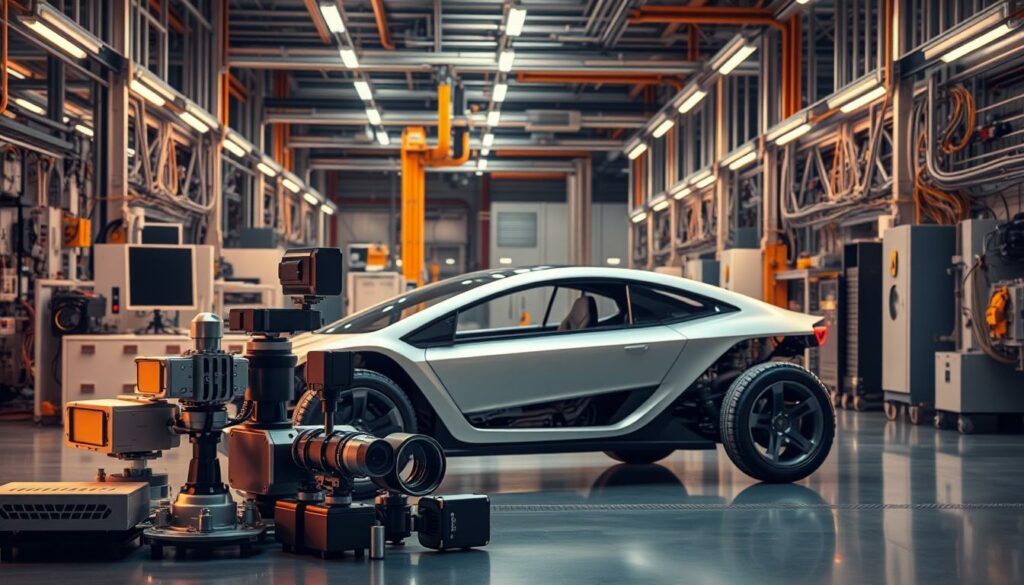 Futuristisches Elektroauto im Entwicklungszentrum für innovative Fahrzeugtechnik.