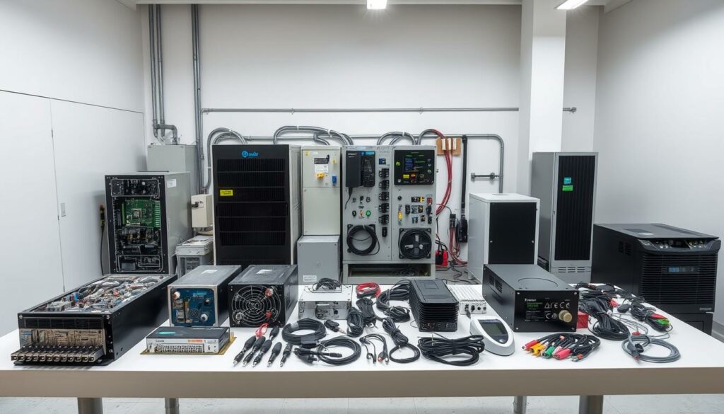 Einige Elektronik- und Computerelemente auf einem Arbeitstisch, Technik, Hardware, Server, Elektronikzubehör, IT-Infrastruktur.