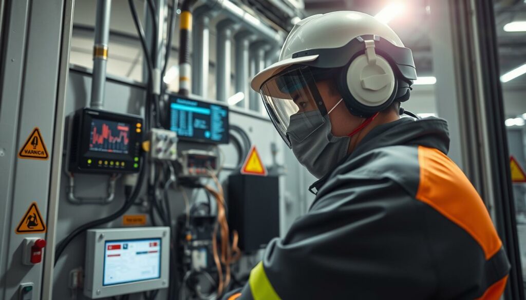 Innovativer Ingenieur bei der Überwachung von Industrieanlagen in einem modernen Kontrollraum.