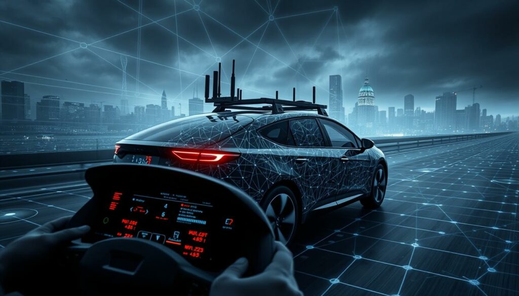 A modern autonomous vehicle navigating a complex digital landscape, its exterior covered in a web of interconnected sensors and wireless antennas. In the foreground, a close-up view of the vehicle's dashboard, displaying a real-time visualization of its wireless communication channels, some flashing with warning signals. The middle ground features a grid-like pattern of data streams and network nodes, suggesting the intricate web of connections that enable the vehicle's autonomous capabilities. The background depicts a gloomy, dystopian cityscape, hinting at the potential risks and vulnerabilities associated with the vehicle's wireless connectivity. Dramatic lighting casts long shadows, creating a sense of tension and unease. The overall mood conveys the precarious balance between the benefits and dangers of networked autonomous vehicles.
