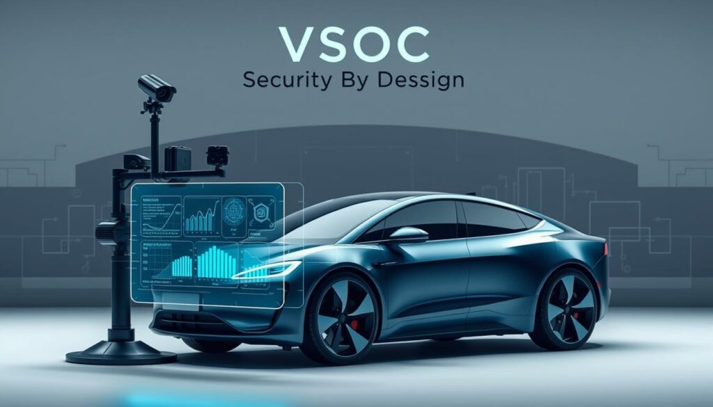 Autonomes Auto mit modernster Sicherheitssoftware, futuristisches Design, technologische Innovationen.