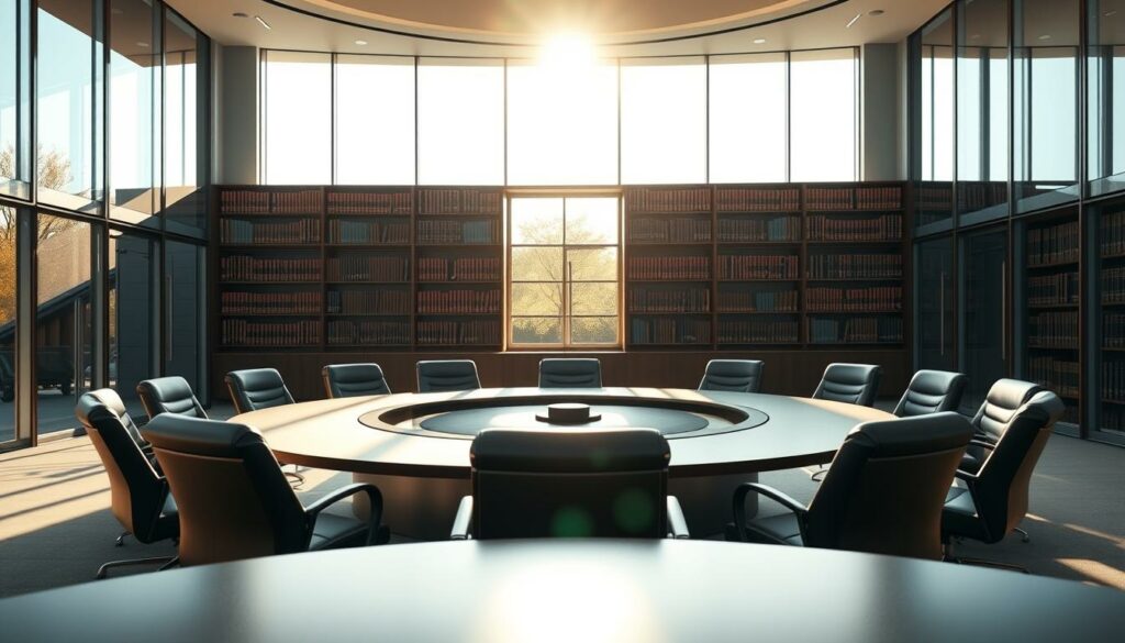 Moderne Konferenzraum mit runder Tafel und Blick auf Sonnenuntergang, für Business Meetings und strategische Gespräche.