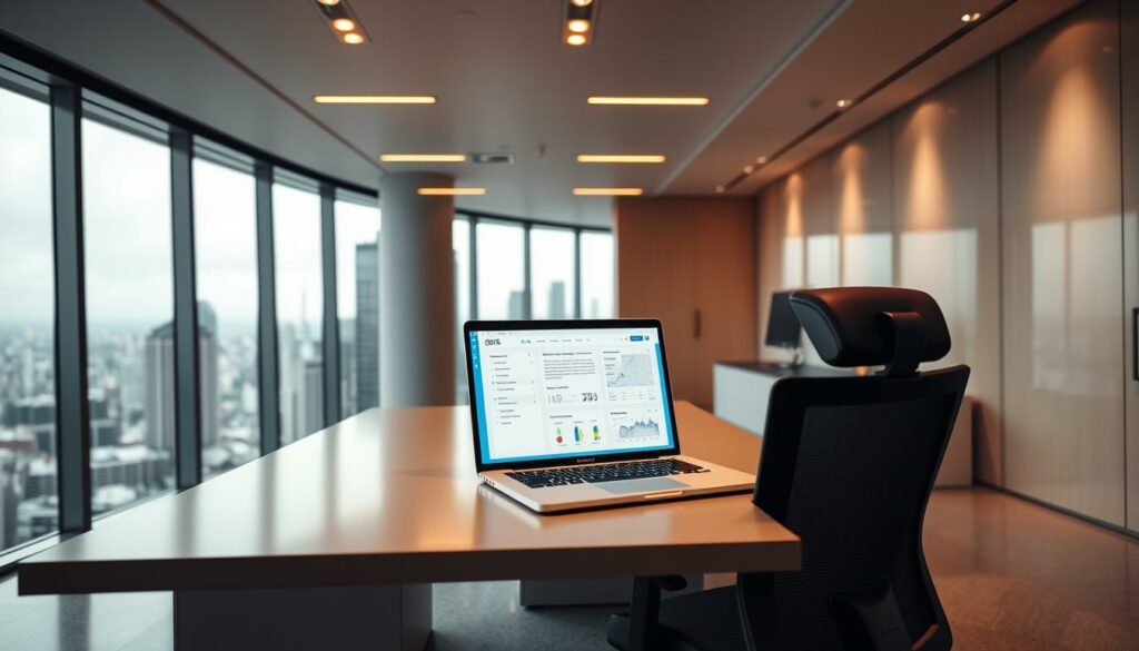 Moderne Business-Office mit Laptop, flexible Arbeitsumgebung, hohe Gebäude, City-Ansicht, professionelle Arbeitswelt.