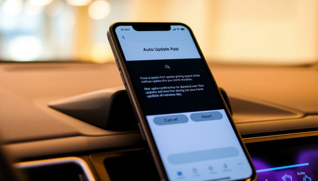 Auto-Update-App auf einem Smartphone, Display mit Update-Optionen, moderne Technik.