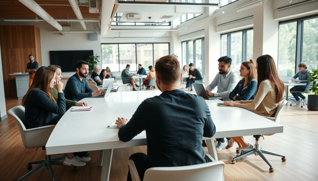 A modern, well-lit interior of a coworking space or modern office. In the foreground, a group of diverse individuals are engaged in a lively discussion around a sleek, minimalist conference table, gesticulating and sharing ideas. The middle ground features several people working independently on laptops, taking notes, or collaborating at smaller tables. In the background, large windows provide ample natural light, and the decor is tasteful, with clean lines and earthy tones. The overall atmosphere is one of productivity, creativity, and a sense of community. The image should convey the practical, collaborative, and tech-savvy nature of contemporary car-sharing services.