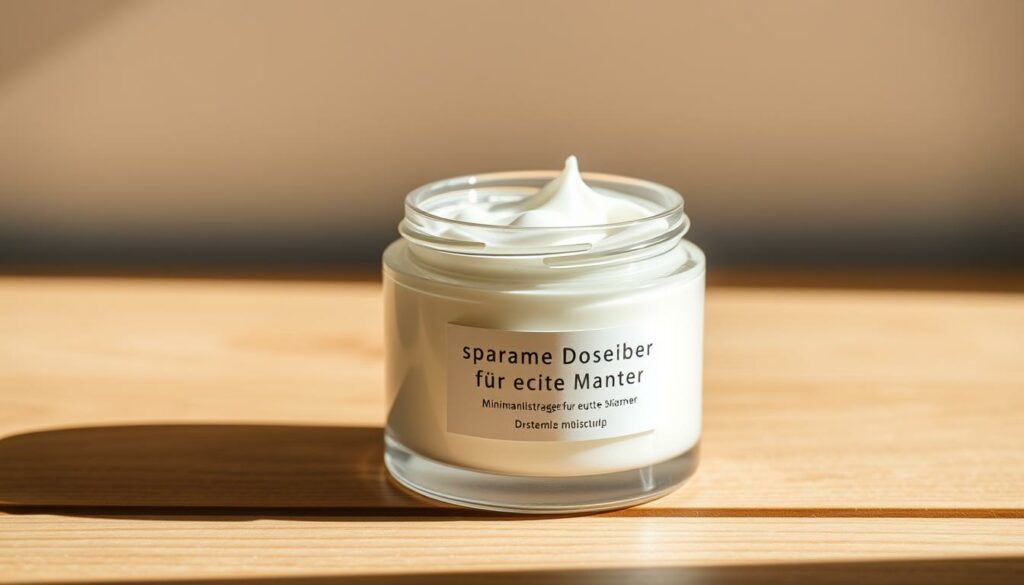 A pristine glass jar with a minimalist label resting on a simple wooden surface. The jar's contents are a creamy, lightweight moisturizer, its texture and consistency conveying a sense of purity and efficiency. Soft, natural lighting gently illuminates the scene, casting subtle shadows that accentuate the product's understated elegance. The composition is clean and uncluttered, allowing the viewer to focus on the essence of the skincare item - a small, but effective amount, reflecting the philosophy of "sparsame Dosierung" (economical application). The overall atmosphere is one of refined simplicity, embodying the "Minimalistische Pflege für echte Männer" (minimalist care for real men) concept.