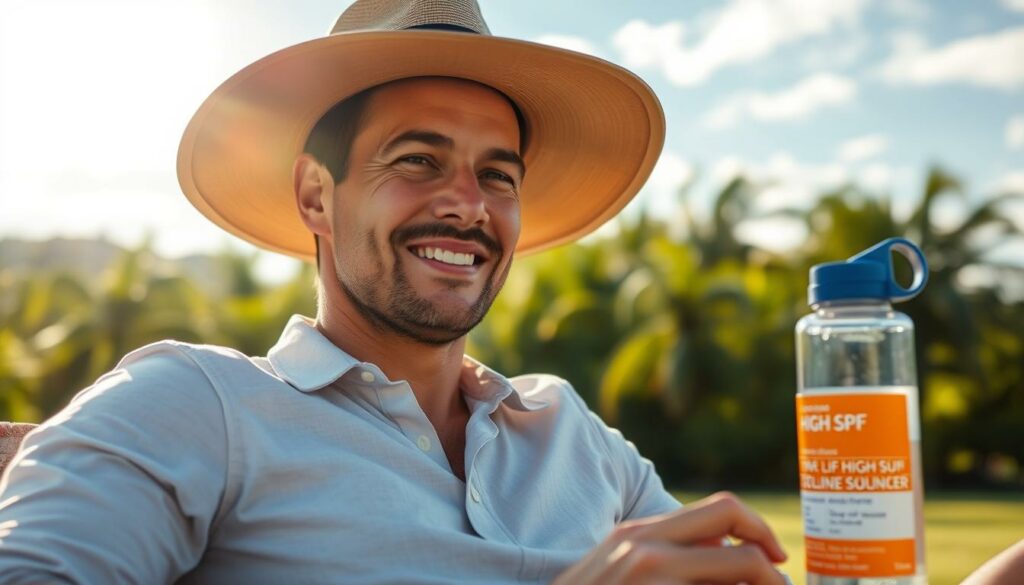 Herren in Sonnenhut und Sonnencreme beim Sonnenbad im Freien, Sommer, Urlaub, Sonne, Pflege, Outdoor, Lifestyle.