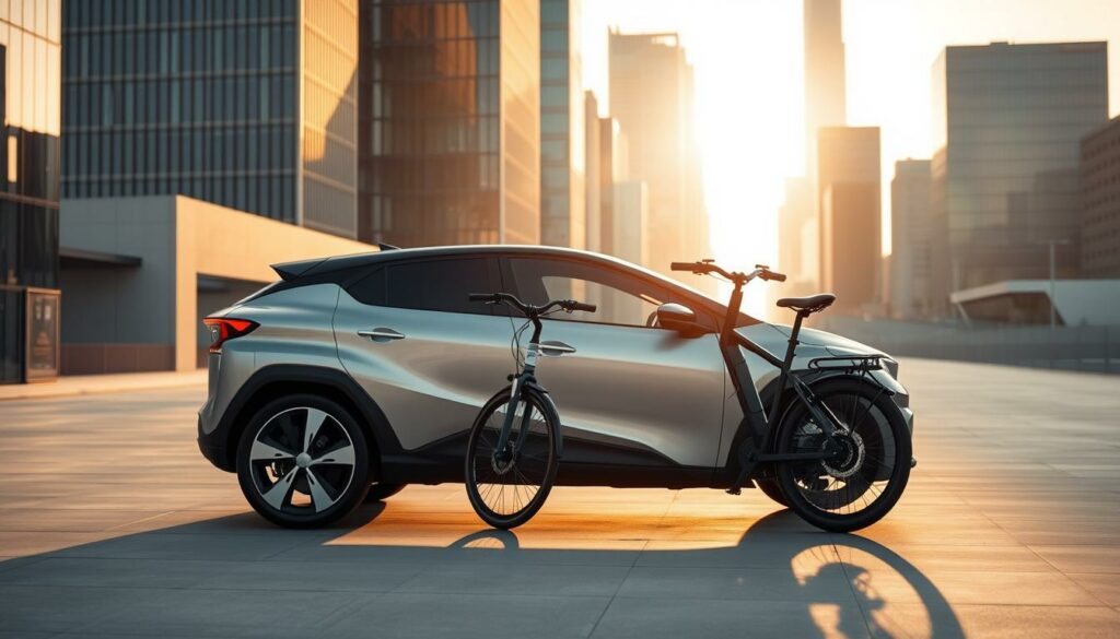 A sleek and modern urban landscape, featuring the Nio electric vehicle prominently in the foreground. The Nio is positioned at an angle, showcasing its bold, streamlined design and distinctive LED lighting. In the middle ground, a Lemmo electric bicycle stands beside the Nio, creating a harmonious visual pairing of the two sustainable transportation modes. The background is filled with a minimalist cityscape, with tall modern buildings and a clean, futuristic atmosphere. The scene is bathed in warm, golden sunlight, casting soft shadows and creating a sense of elegance and sophistication. The overall composition emphasizes the seamless integration and collaboration between the automotive and e-bike industries, as envisioned in the "Auto-Hersteller entdecken E-Bikes: Die Nio und Lemmo Kooperation" section.