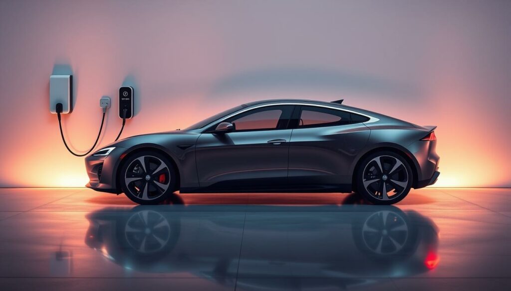 Minimalistisches Elektroauto an Ladestation, moderne Elektromobilität, umweltfreundlich und zukunftsorientiertElegantes Tesla Model S wird an einer Ladestation geladen, Symbol für nachhaltige Mobilität und InnovationBeschreibung des Bildes eines schwarzen Tesla Model S, das an eine Ladestation angeschlossen ist, zeigt moderne EV-Technologie und umweltbewusste Mobilität.