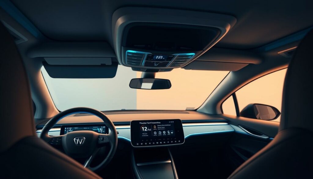 Modernes Autointerieur mit Digitalinstrumenten und Touchscreen-Display, Zukunft der Mobilität.