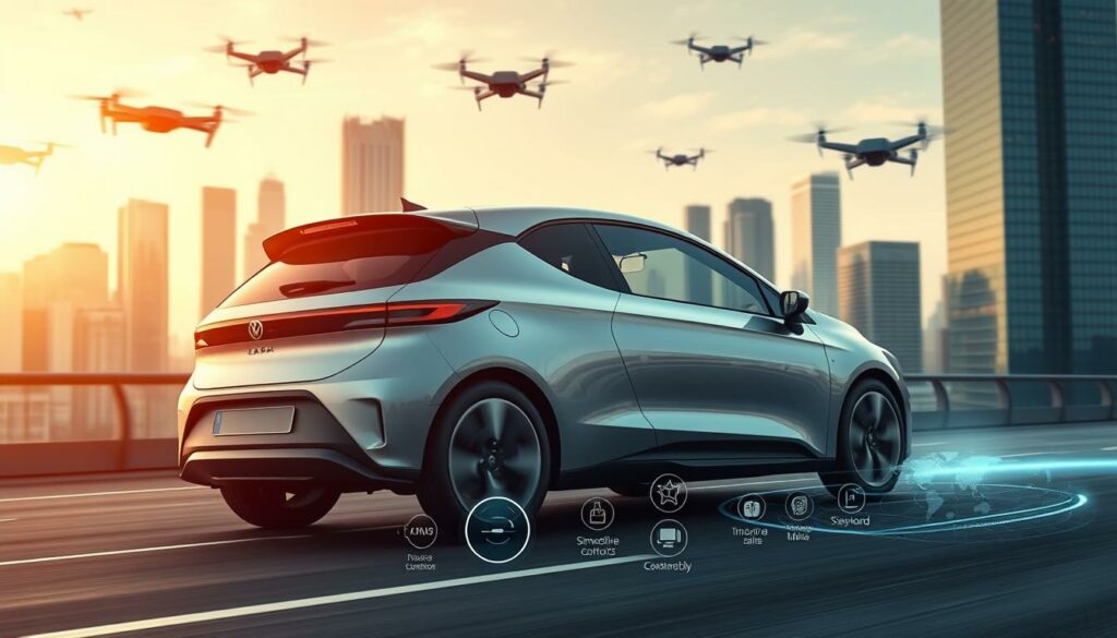 A sleek, futuristic hatchback car glides effortlessly through a cityscape of gleaming skyscrapers and hovering drones. The vehicle's aerodynamic body is adorned with seamless panels and gently curving lines, hinting at advanced aerodynamics and efficient propulsion. In the foreground, a holographic display showcases a range of intuitive controls and customizable settings, while the car's sensors continuously monitor the surrounding environment. Bathed in a warm, diffused light, the scene conveys a sense of technological sophistication and the promise of a new era in automotive design and functionality.