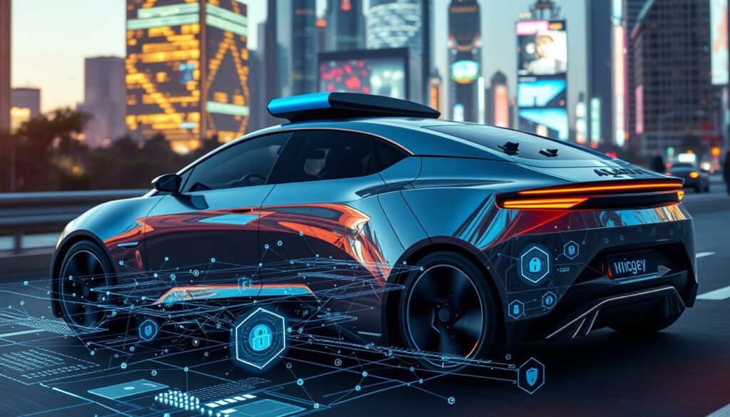 Innovatives autonomes Elektroauto mit futuristischem Design in städtischer Umgebung.