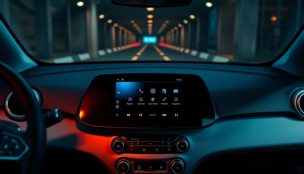 A sleek, modern dashboard showcasing the seamless integration of infotainment features. In the foreground, a high-resolution touchscreen display dominates the center console, showcasing intuitive controls and crisp graphics. Surrounding it, a minimalist design with metallic accents and smooth lines creates a premium, high-tech ambiance. In the middle ground, various connectivity options and smart device integration are highlighted, hinting at the car's versatile communication and entertainment capabilities. In the background, a subtle lighting scheme casts a warm, ambient glow, setting the tone for an immersive, connected driving experience. The overall scene conveys a sense of technological sophistication and the fusion of form and function within the smart car's infotainment system.