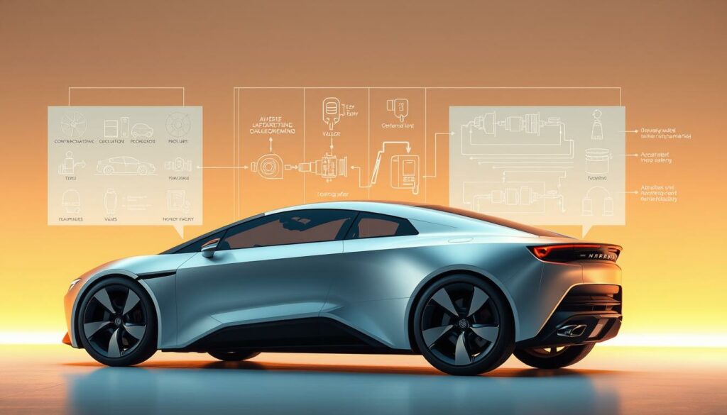 Volksauto mit futuristischem Design und technischen Diagrammen im Hintergrund.
