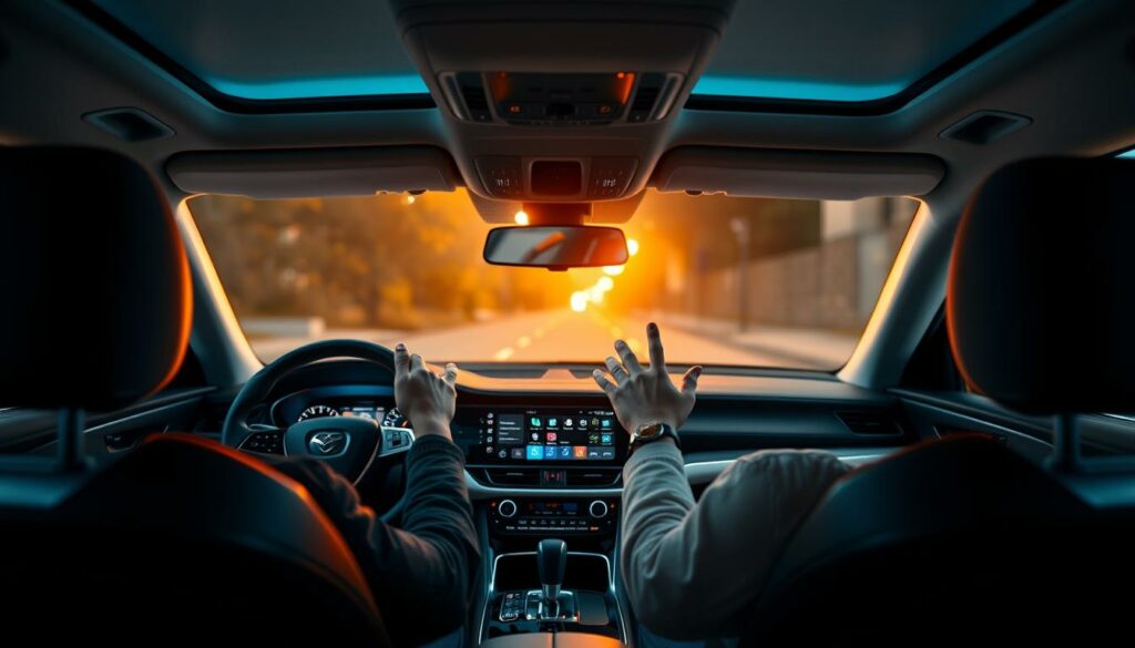 Fahrzeuginnenraum mit Fahrer und Beifahrer bei Sonnenuntergang, modernes Auto, Komfort und Technik, Lifestyle, Fahrt ins Wochenende.