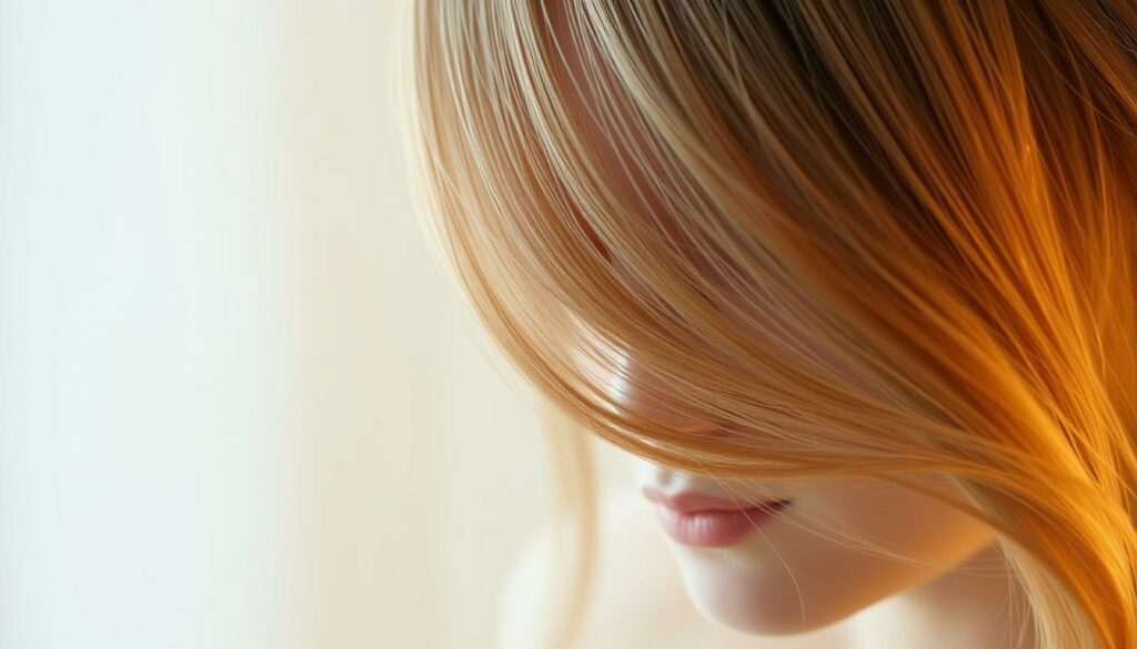 A softly lit, close-up shot of a woman's delicate, fine hair, showcasing its volume and fullness. The hair appears lustrous, with a natural, healthy shine, gently framing the face. The lighting is warm and diffused, creating a soothing, spa-like atmosphere. The background is blurred, allowing the hair to be the sole focus. The camera angle is slightly elevated, providing a flattering perspective that enhances the hair's voluminous, voluptuous appearance. The overall composition is clean and minimalist, drawing the viewer's attention to the fine, yet full-bodied hair.