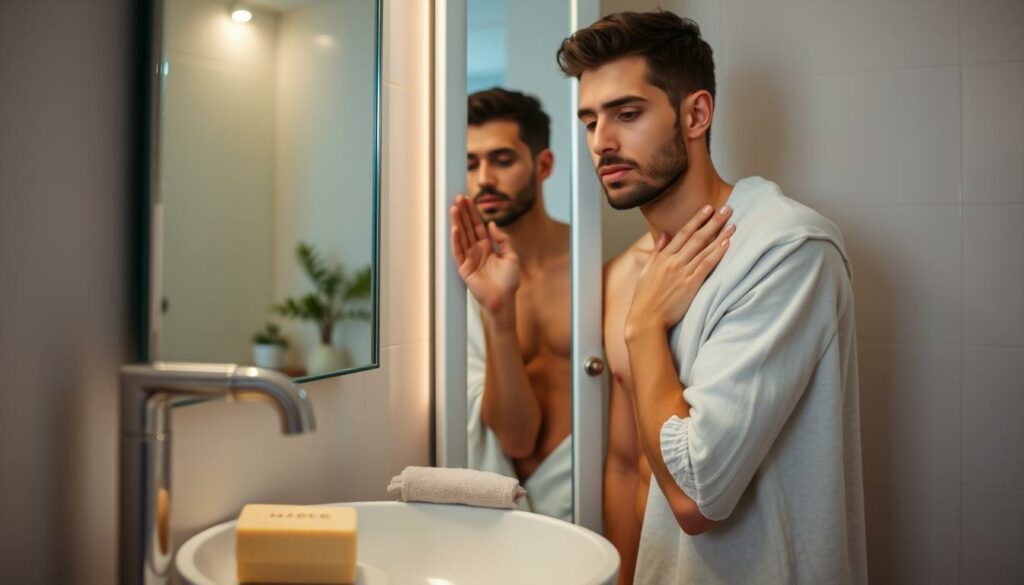 Sexy mann im badezimmer schaut nachdenklich in spiegel.