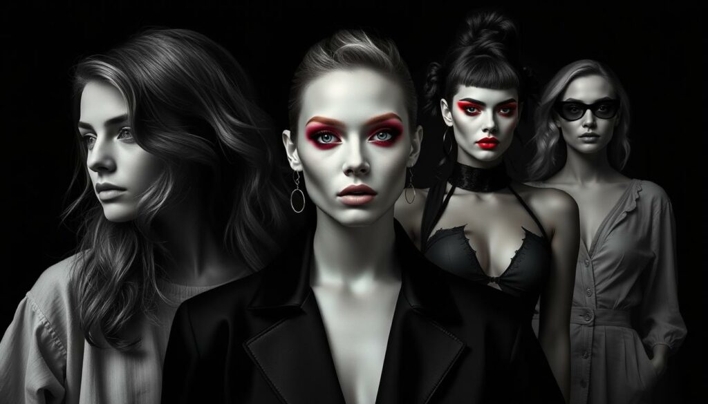 A striking portrait showcasing the evolution of Lena Meyer-Landrut's iconic style. In the foreground, a youthful Lena with soft, natural features, her hair cascading in loose waves. The middle ground captures Lena's transition, with bold, experimental looks - vibrant makeup, avant-garde hairstyles, and daring, sheer ensembles. In the background, a mature Lena, radiating confidence and elegance, a true style icon. The image is rendered in a moody, black and white palette, with deliberate pops of color highlighting Lena's transformative fashion choices. Dramatic lighting casts dramatic shadows, accentuating the sculptural quality of her features and silhouettes. An intimate, introspective look at the style development of a German pop culture phenomenon.