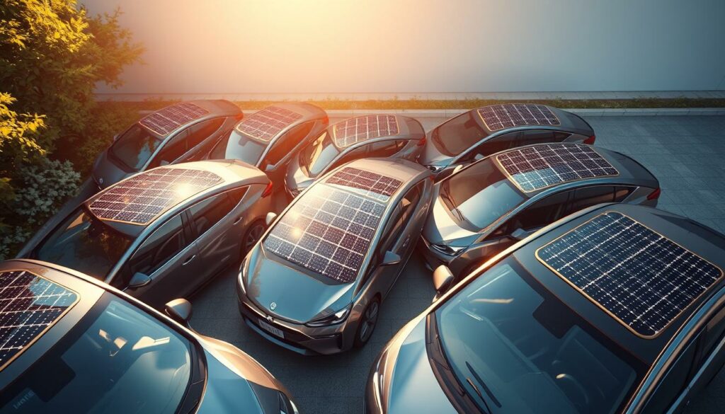 Solaranlagen auf Elektroautos, nachhaltige Mobilität, umweltfreundliche Fahrzeugtechnologie, grüne Energie auf Autodächern.