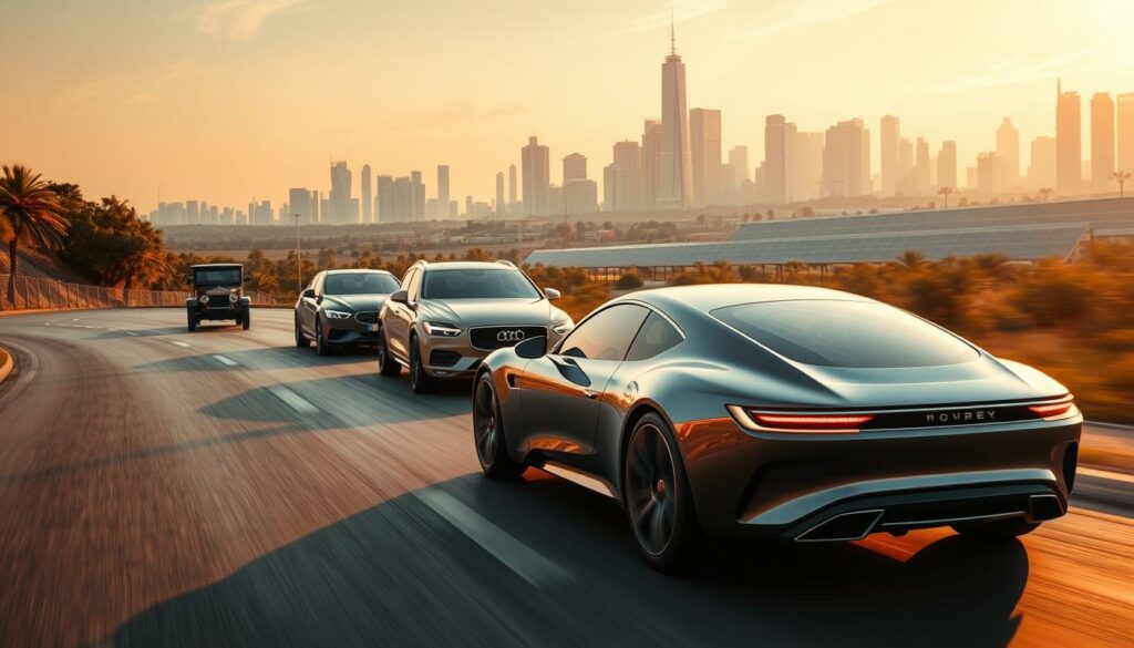 Luxuriöse Sportwagen auf einer Highway im Sonnenuntergang, Skyline im Hintergrund.